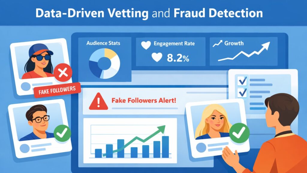 detect influencer partnership opportunities 4 Graphic showing how brands detect influencer partnership opportunities by vetting creators using data and fraud checks.