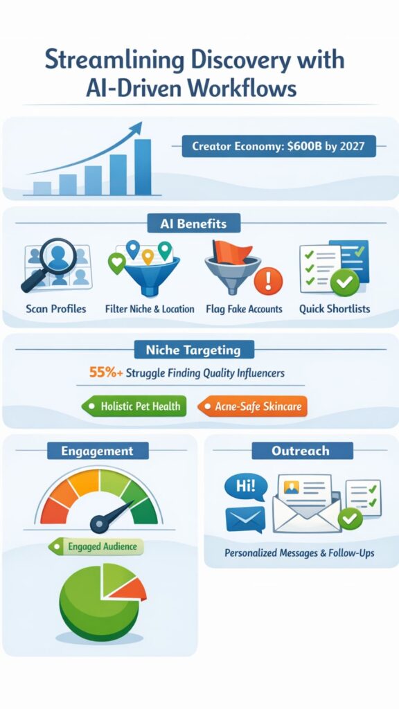 detect influencer partnership opportunities 5 AI workflow infographic showing charts and icons to detect influencer partnership opportunities through niche targeting, engagement, and outreach.