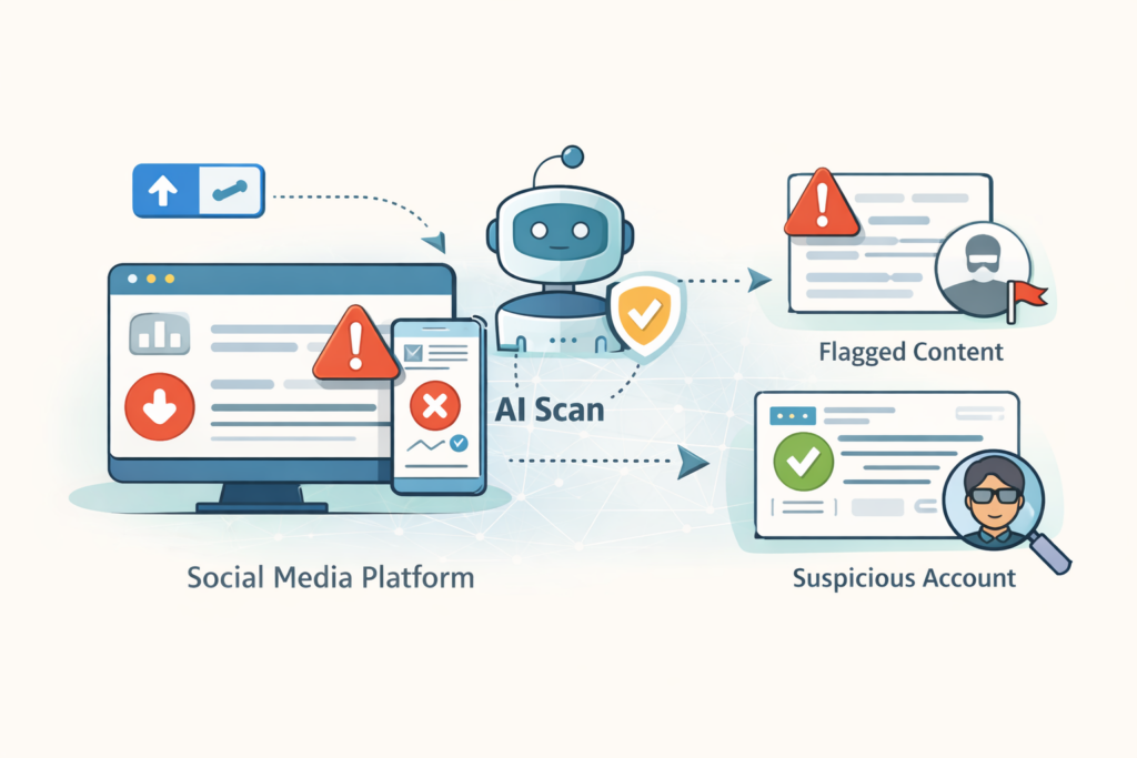 AI robot scanning social media to prevent AI misinformation spread by flagging suspicious content and monitoring accounts