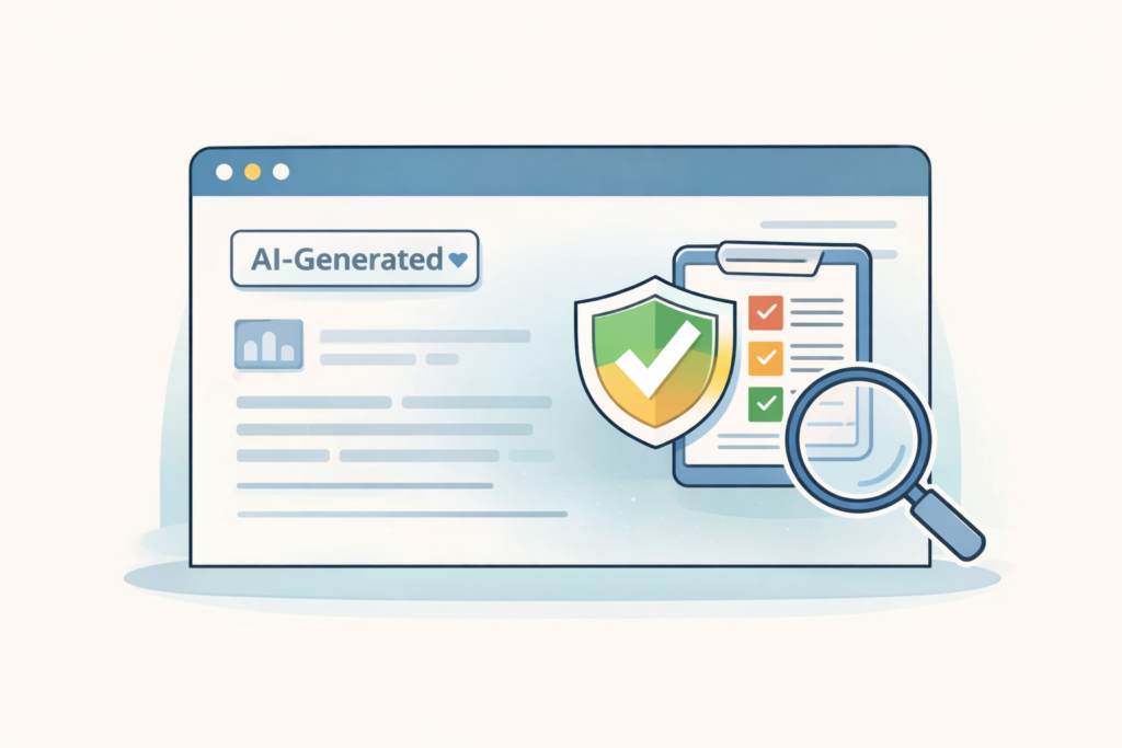 Browser showing AI-generated label with verification shield and checklist to prevent AI misinformation spread through transparency