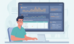 A man examines a comprehensive llm drift reporting dashboard, monitoring input/output drift, model versions, and compliance indicators.