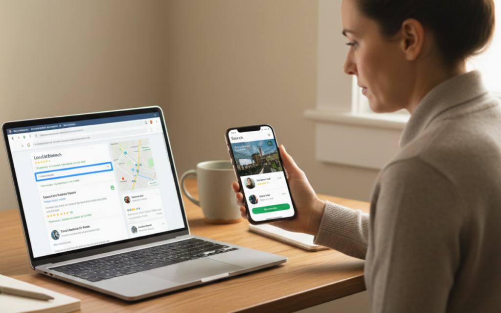 Professional reviewing local brand visibility report on laptop and mobile device at desk