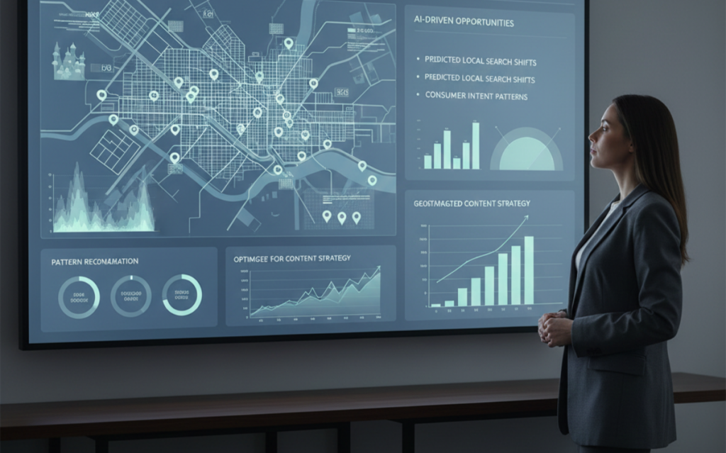 Business professional presenting local brand visibility report with AI-driven analytics and search data on screen