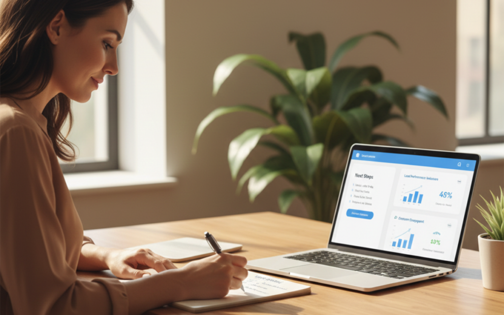Woman reviewing local brand visibility report on laptop with performance metrics and analytics dashboard
