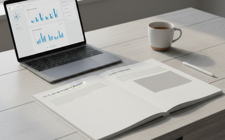 Local brand visibility report documents on desk with laptop displaying analytics charts and coffee cup