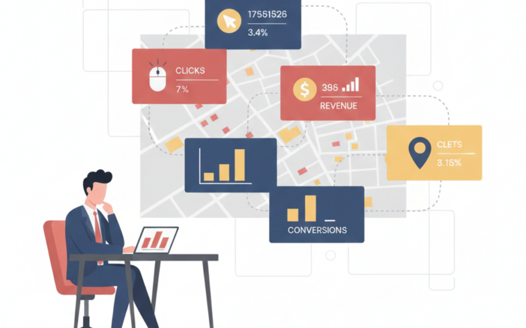 Business professional reviewing local ROI tracking guide with map-based metrics showing clicks, revenue, and conversions