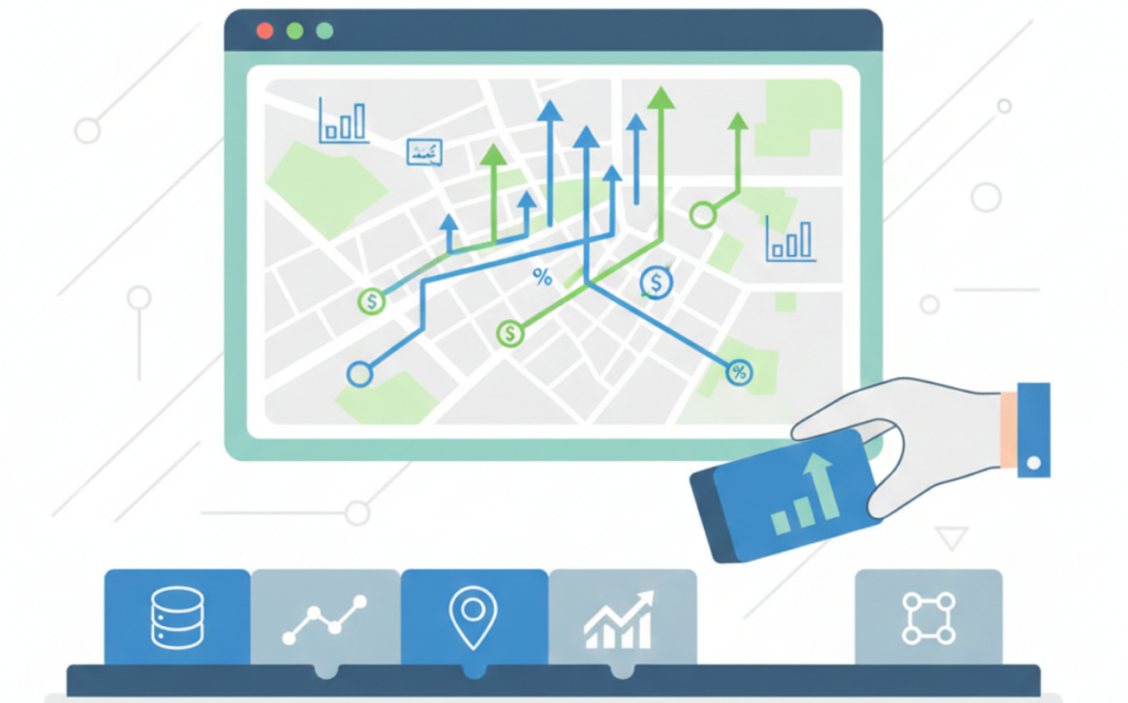 Local ROI tracking guide displayed on screen with map showing growth arrows and analytics dashboard icons below