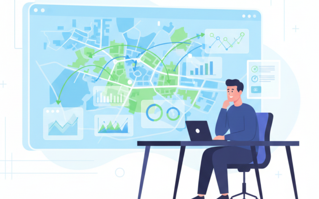Professional using local ROI tracking guide with interactive map and analytics dashboard on computer screen