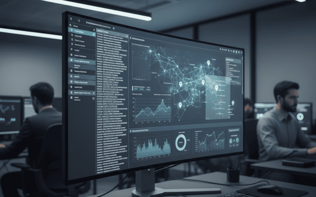 Monitor showing real-time regional emotion reports with network maps, graphs, and data analytics in control room