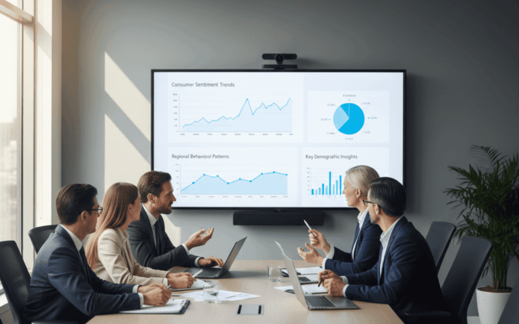 Business team reviewing real-time regional emotion reports on presentation screen during conference meeting