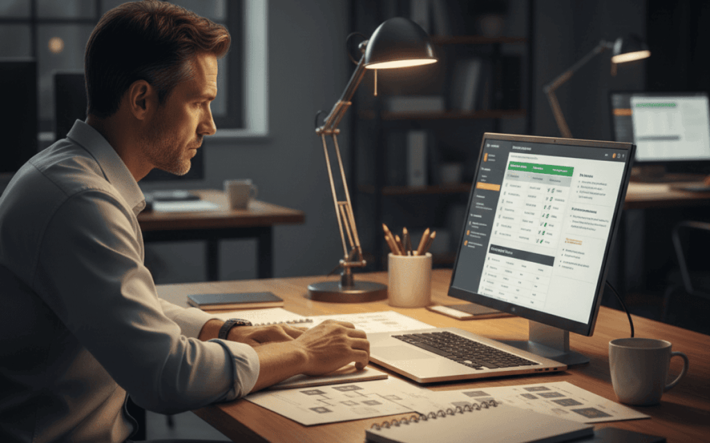 Professional analyzing real-time regional emotion reports on computer dashboard at desk with task lamp