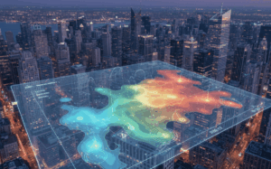 Holographic heat map displaying real-time regional emotion reports over illuminated city skyline at dusk