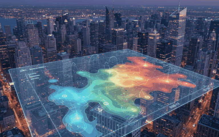 Holographic heat map displaying real-time regional emotion reports over illuminated city skyline at dusk