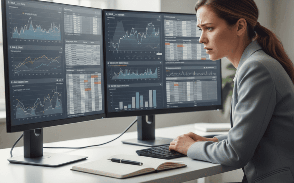 Professional analyzing regional campaign reporting data on multiple monitors showing charts, graphs, and performance metrics
