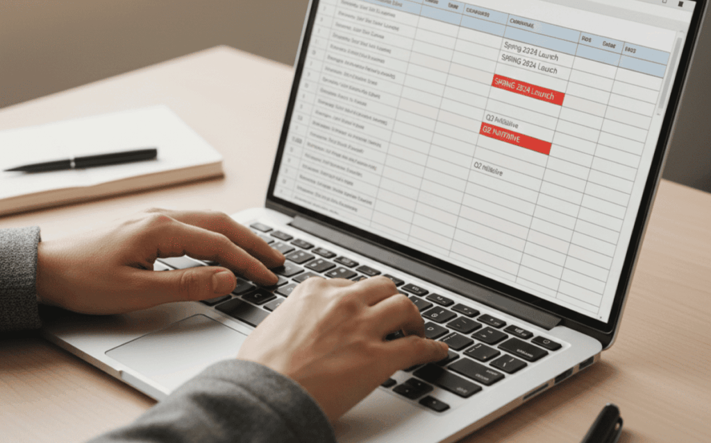 Regional campaign reporting spreadsheet on laptop showing launch dates, milestones, and quarterly initiative tracking