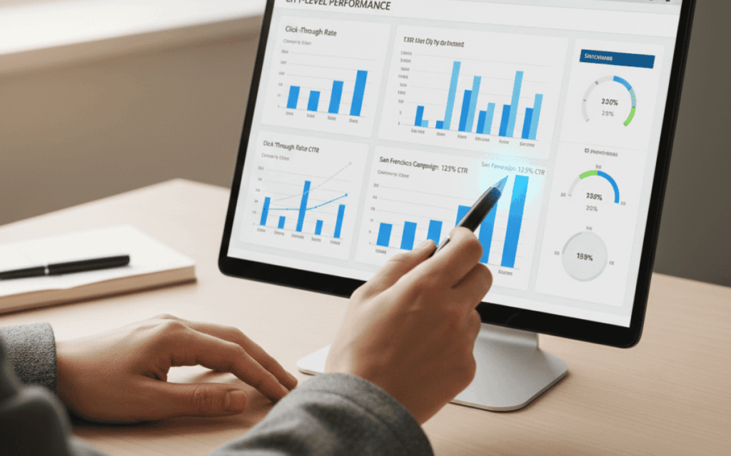 Regional campaign reporting dashboard showing CTR metrics, performance graphs, and city-level analytics on computer screen