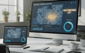 Regional campaign reporting dashboard displayed on laptop and monitor showing city maps, performance metrics, and engagement data