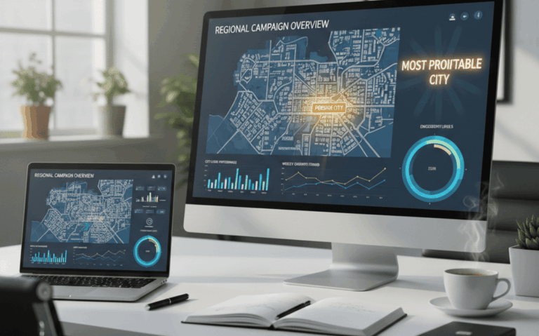 Regional campaign reporting dashboard displayed on laptop and monitor showing city maps, performance metrics, and engagement data