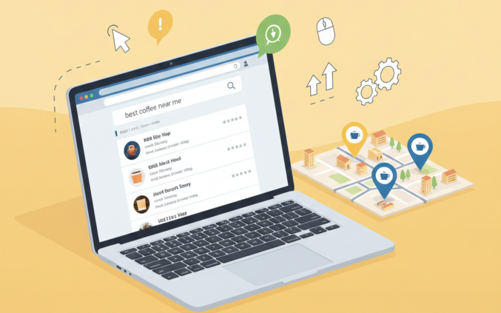 Regional keyword research guide showing local search results and map with coffee shop location pins