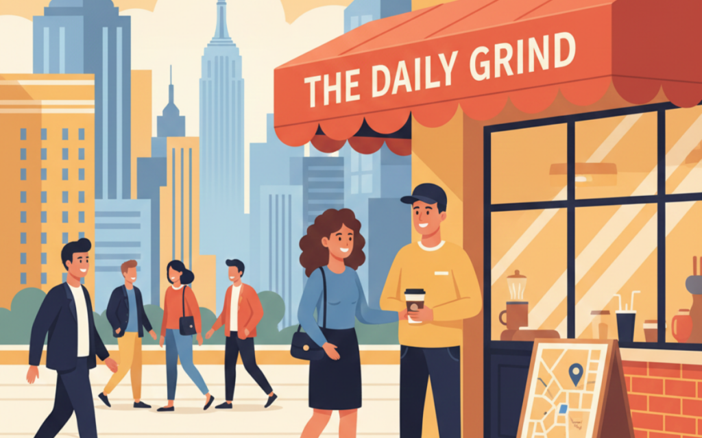 Regional keyword research guide illustrated with local coffee shop and urban foot traffic patterns