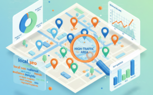 Isometric map showing local SEO regional keyword research guide with traffic data and location pins