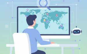 A person examining a world map with virtual markers on a computer screen.