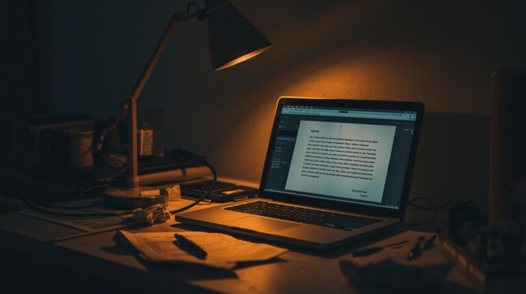 Writer creating brand apology template examples on laptop under warm desk lighting at night