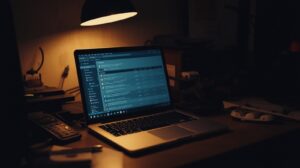 Laptop displaying crisis response email templates being composed during evening work session under desk lamp