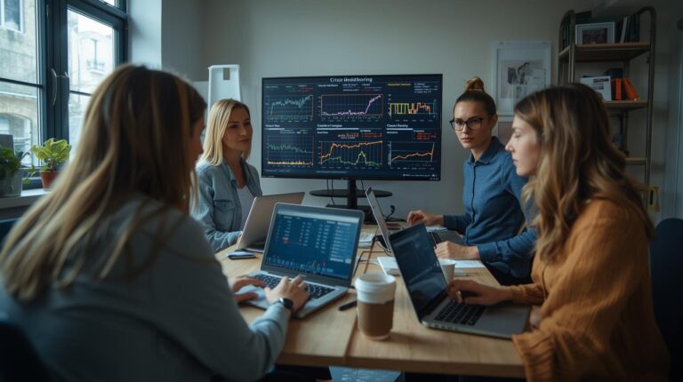 A team of professionals analyzing crisis data and monitoring escalation levels for crises using a computer dashboard.