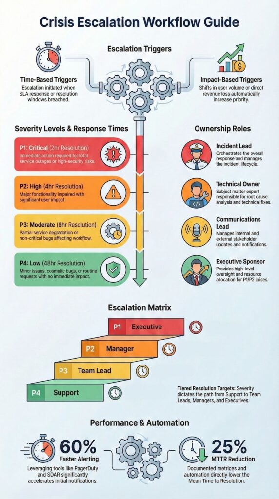 Comprehensive crisis escalation workflow guide showing severity levels, triggers, roles, and automation outcomes