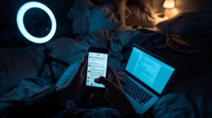 Influencer using crisis response templates while monitoring social media feedback on multiple devices