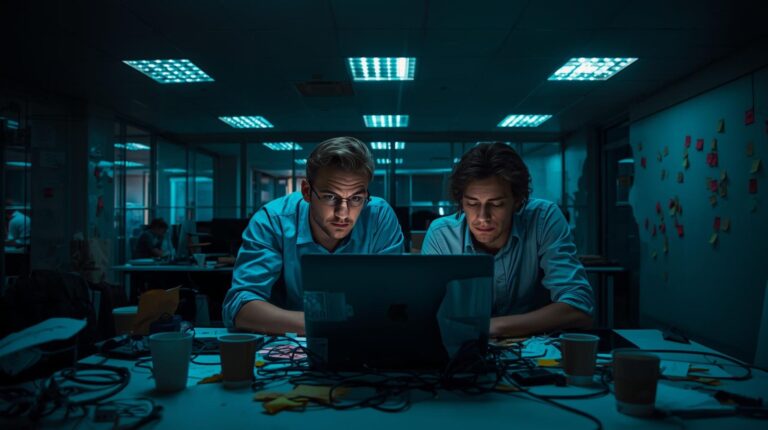 IT professionals responding to internal team escalation alerts during late-night incident resolution session