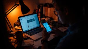 Professional managing social media crisis message templates on laptop and phone during nighttime response