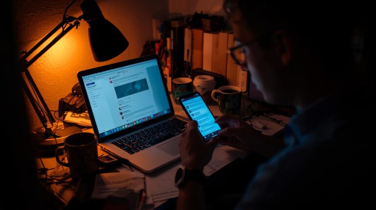 Professional managing social media crisis message templates on laptop and phone during nighttime response
