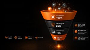 A visual funnel explaining how to find warm B2B leads on social media using intent signals and targeted outreach.