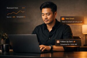 A professional demonstrating how to pitch to potential clients b2b using automated outreach tools on a laptop.
