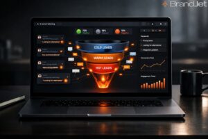 AI social listening for B2B dashboard showing lead funnel with cold, warm, and hot leads scoring system