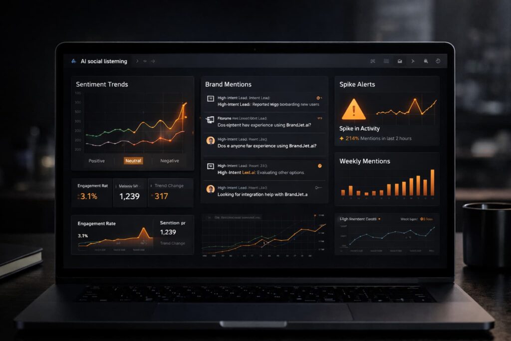 Why use social listening for lead generation: real-time sentiment trends, brand mentions, and spike alerts dashboard