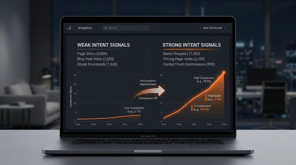Top Social Listening & Intent Data Tools comparing weak vs strong intent signals with conversion rate performance charts.