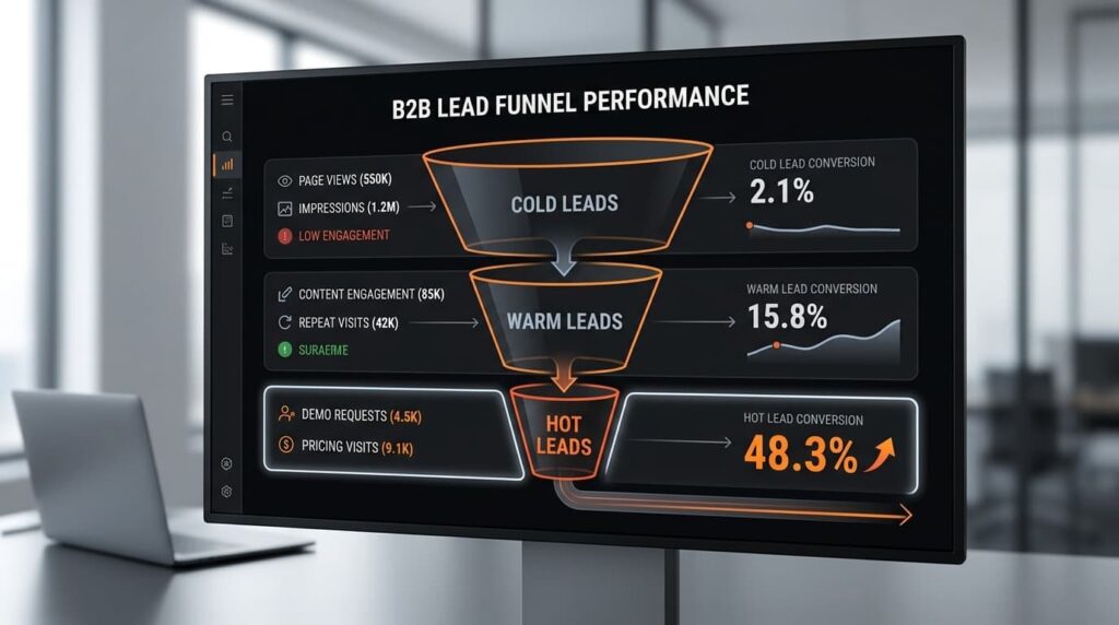 How to Identify Warm B2B Leads via Social using a funnel showing cold, warm, and hot lead conversion rates.