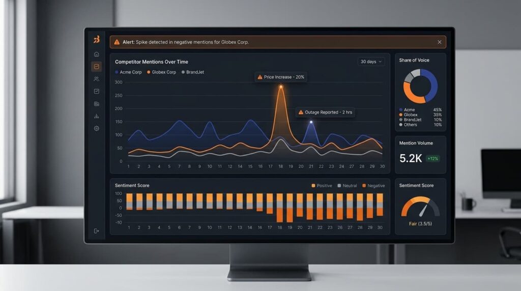Monitoring Competitor Mentions for Sales with sentiment scores, share of voice, and mention volume trend analysis.