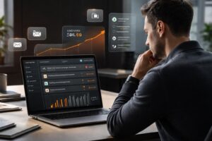 Man analyzing sales dashboard on laptop, studying strategies on how to convert warm leads to customers using CRM tools.