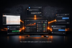 Modern B2B system visualization showing how to find b2b clients online across multiple outreach channels