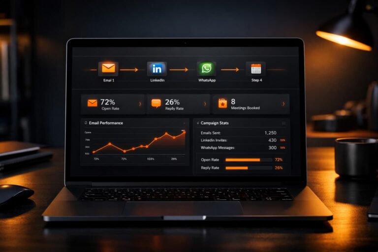 Multichannel outreach dashboard showing why best cold outreach tools for startups track open rates and meetings booked