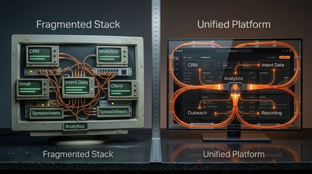 Fragmented stack vs unified platform visual showing how best intent data platforms for B2B sales streamline workflows.