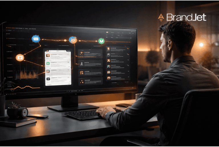 brandjet ai vs reply.io comparison showing a man using an AI-powered multichannel outreach dashboard on a large monitor