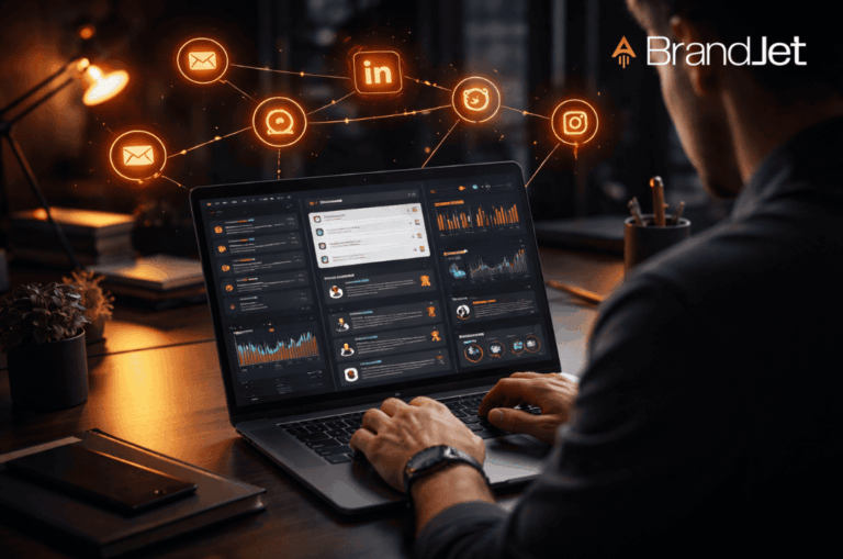 brandjet ai vs instantly comparison featuring a person using BrandJet dashboard with social media channel icons displayed