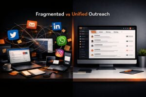 Cluttered enterprise dashboard versus streamlined interface comparing outreach.io alternatives for small business