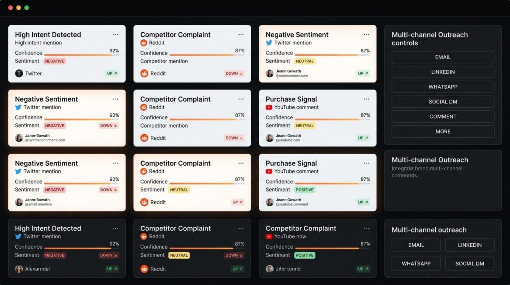 Dashboard cards showing how does ai social listening work to detect intent, sentiment, and competitor signals.