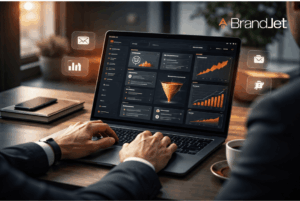 Professional using BrandJet dashboard to learn how to get b2b clients without referrals through automated outreach.
